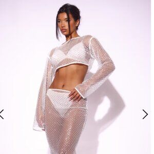 Pretty Little Thing White Sheer Beaded Metallic Low Rise Maxi Skirt and Top SET